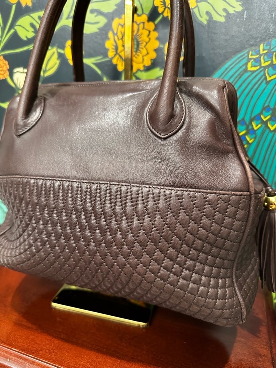 Vintage 1980s Bally Brown Lambskin Quilted Tassel Satchel Top Handle w/ D-Rings - Picture 10 of 14